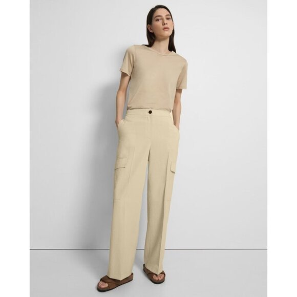THEORY Wide-Leg Cargo Pant in Crisp Poly Lined Beige Size 12 - Picture 1 of 10